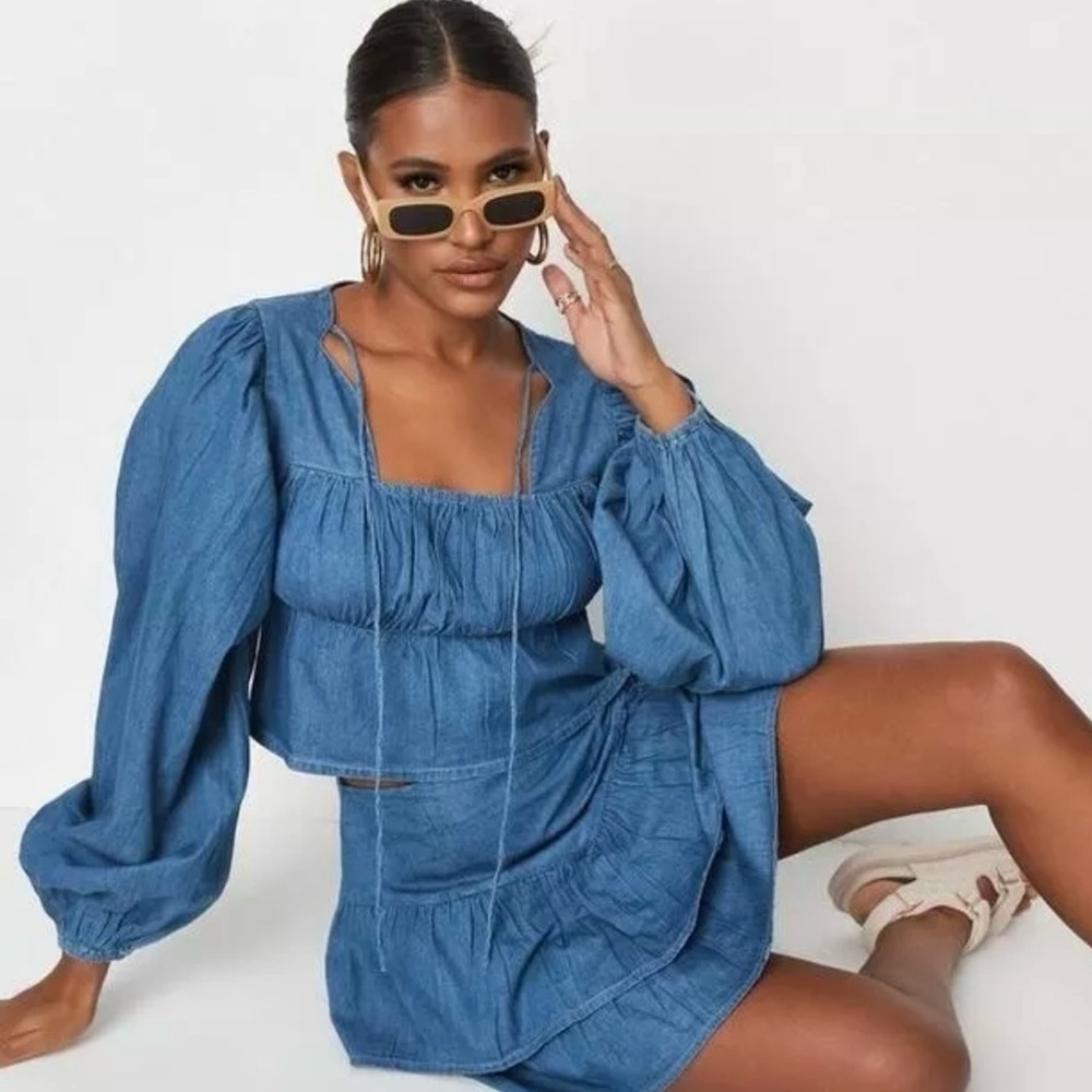 Missguided Tie Front Square Neck Volume Sleeve Denim Crop Top Deep Blue Size 6